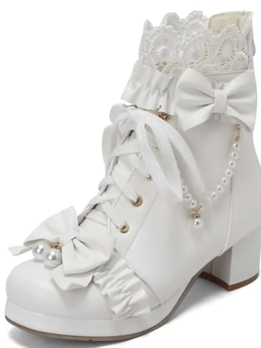 Chunky Mid Heel Lace Up Booties with Bow Platform Fashion Boots